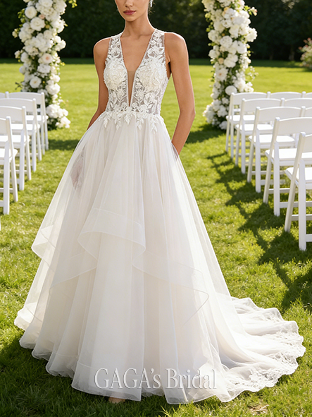 V-Neck A-Line Wedding Dress with Sequins and Sweep Train