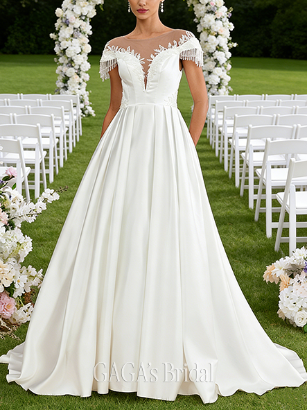 Scoop Illusion A-Line Wedding Dress with Beading