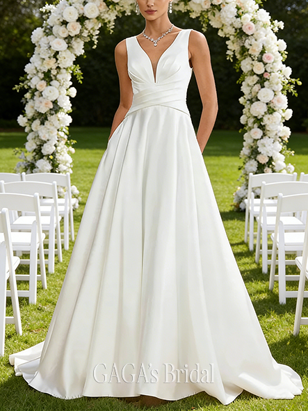 V-Neck A-Line Satin Wedding Dress