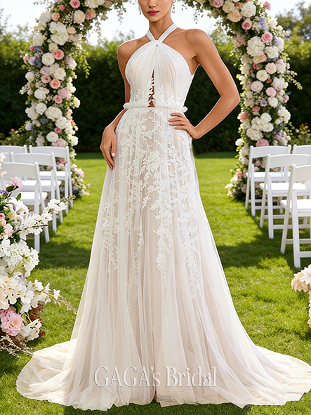 Halter A-Line Wedding Dress with Delicate Beading