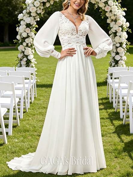 V-Neck A-Line Lace Chiffon Wedding Dress