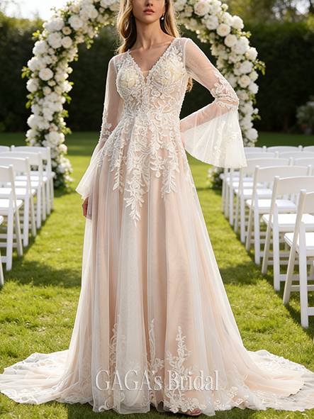 V-Neck A-Line Lace Tulle Gown