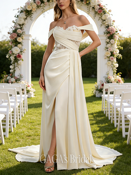 Off-the-Shoulder A-Line Satin Lace Gown
