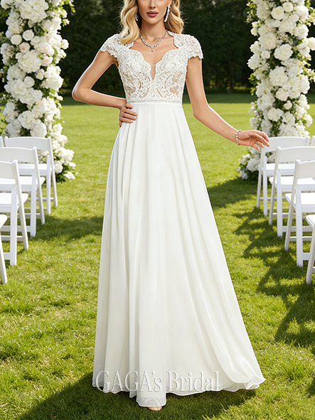 V-Neck A-Line Lace Chiffon Gown