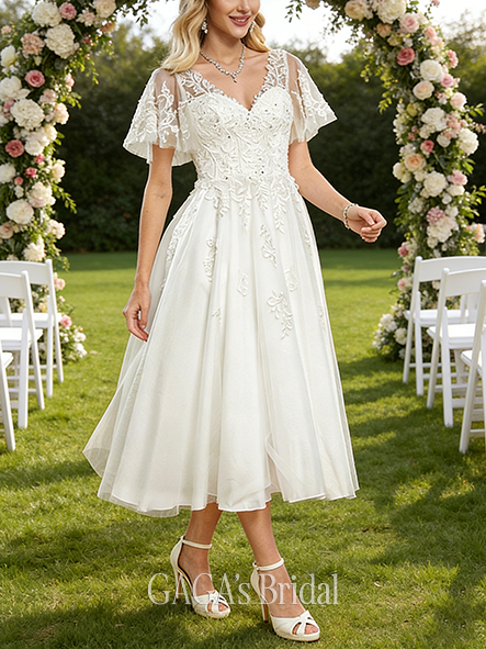 V-Neck A-Line Tulle Lace Wedding Dress