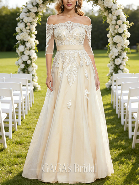 Off-the-Shoulder A-Line Tulle Lace Gown