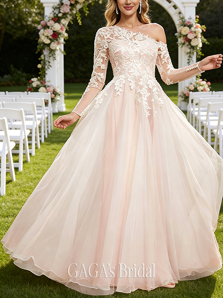 Asymmetrical Neckline A-Line Tulle Lace Gown