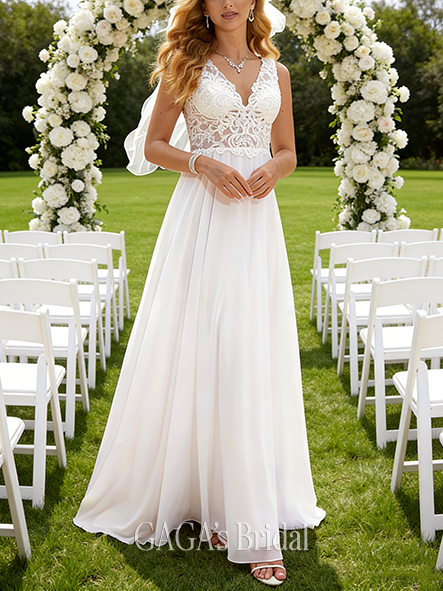 Elegant V-Neck A-Line Lace Chiffon Wedding Dress