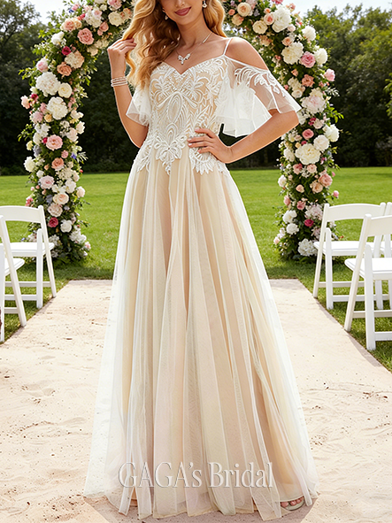 Romantic Cold Shoulder A-Line Tulle Lace Gown