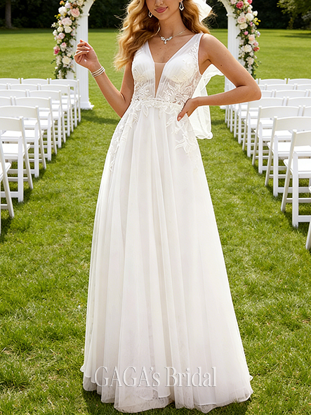 Ethereal V-Neck A-Line Tulle Lace Gown