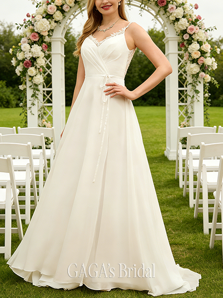 Ethereal V-Neck A-Line Lace Chiffon Gown