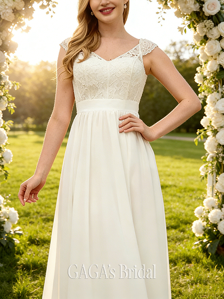 A-Line Elegant V-Neck Wedding Dress - Floor-Length Lace Chiffon Bridal Gown