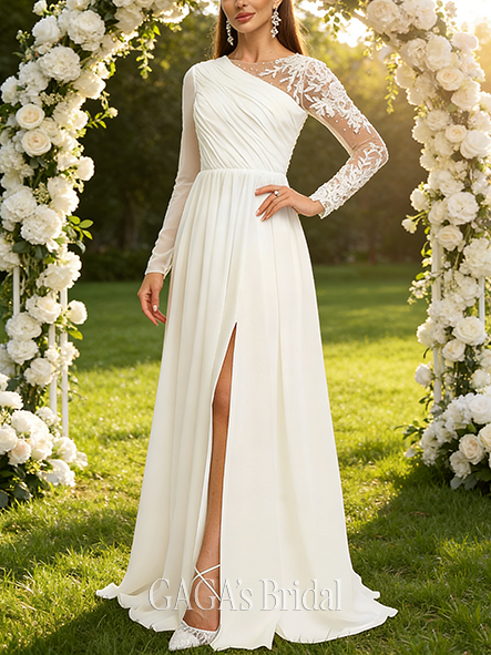 A-Line Elegant Scoop Neck Wedding Dress - Floor-Length Lace Chiffon with Sequin Accents