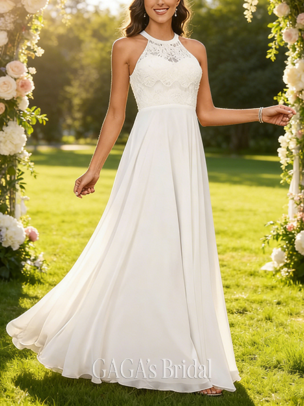 A-Line Elegant Scoop Neck Wedding Dress - Floor-Length Lace Chiffon Bridal Gown