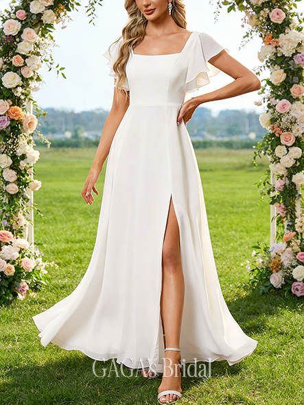 A-Line Elegant Square Neck Wedding Dress - Floor-Length Chiffon with Ruffle Detailing