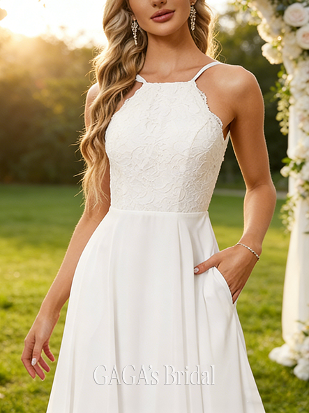 A-Line Elegant Scoop Neck Wedding Dress - Floor-Length Lace Chiffon with Delicate Ruffle Accents