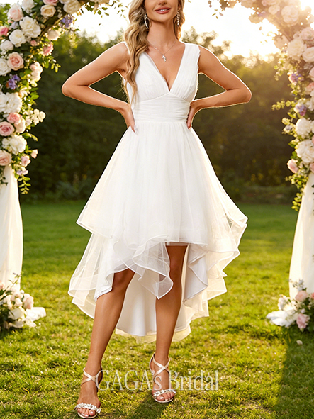 A-Line Elegant V-Neck Wedding Dress - Floor-Length Asymmetrical Tulle with Pleated Cascading Ruffles