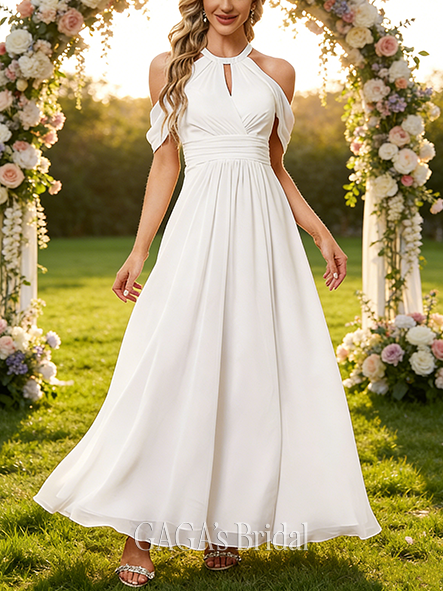 A-Line Elegant Halter Neck Wedding Dress - Floor-Length Chiffon Bridal Gown