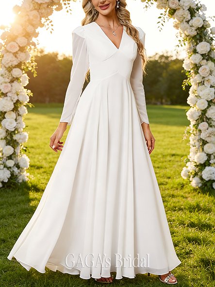 A-Line Elegant V-Neck Wedding Dress - Floor-Length Chiffon Bridal Gown