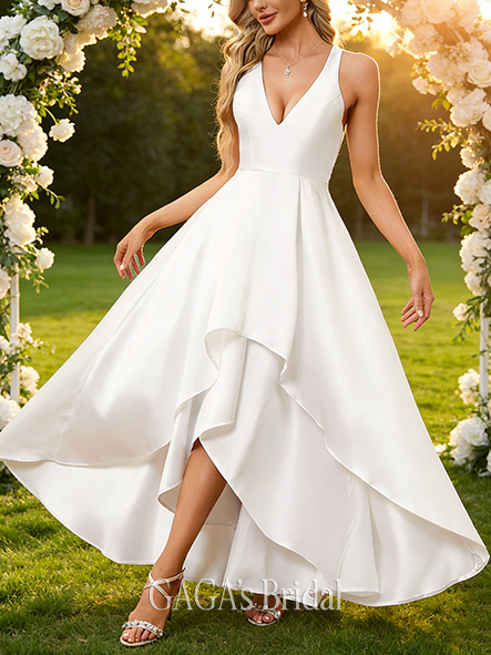 A-Line Elegant V-Neck Wedding Dress - Floor-Length Asymmetrical Satin Bridal Gown