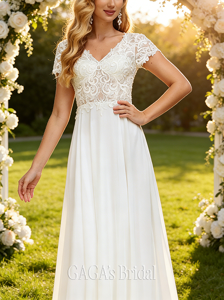 A-Line Elegant V-Neck Wedding Dress - Sweep Train Lace Chiffon Bridal Gown