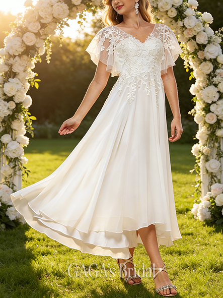 A-Line Elegant V-Neck Wedding Dress - Floor-Length Asymmetrical Lace Chiffon with Ruffle Detailing
