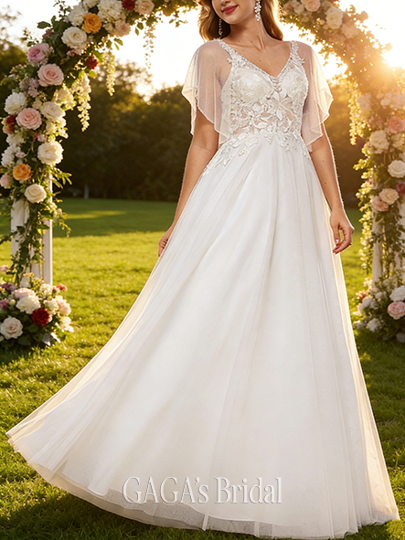 A-Line Elegant V-Neck Wedding Dress - Floor-Length Tulle Lace with Ruffle & Sequin Detailing