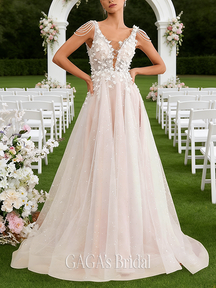 Scoop Neck A-Line Wedding Dress with Beading and Sequins