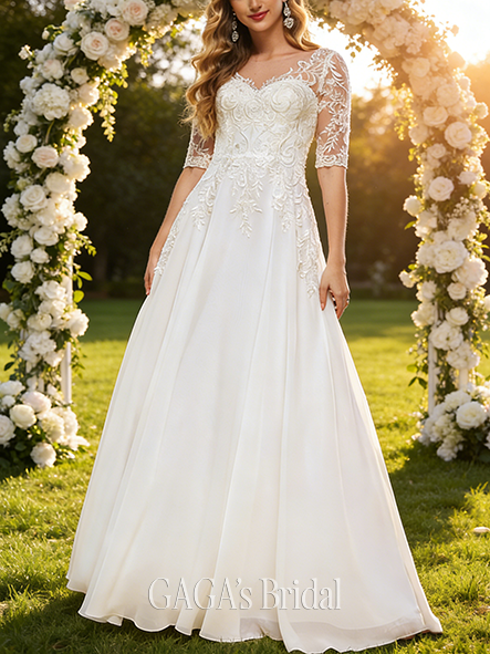 A-Line Elegant V-Neck Wedding Dress - Floor-Length Lace Chiffon Bridal Gown