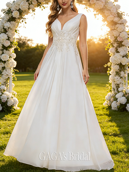 A-Line Elegant V-Neck Wedding Dress - Floor-Length Lace Chiffon with Sequin Detailing
