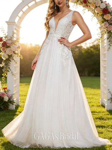 A-Line Elegant V-Neck Wedding Dress - Sweep Train Tulle Lace with Sequin Detailing