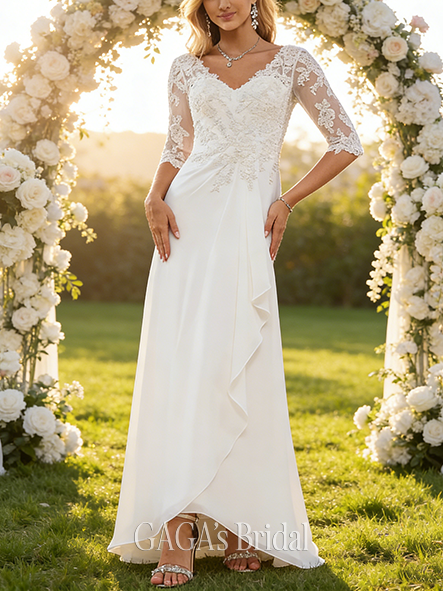 A-Line Elegant V-Neck Wedding Dress - Asymmetrical Lace Chiffon with Ruffle Detailing