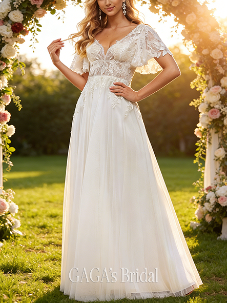 A-Line Elegant V-Neck Wedding Dress - Floor-Length Lace Tulle with Sequin & Beading Detailing
