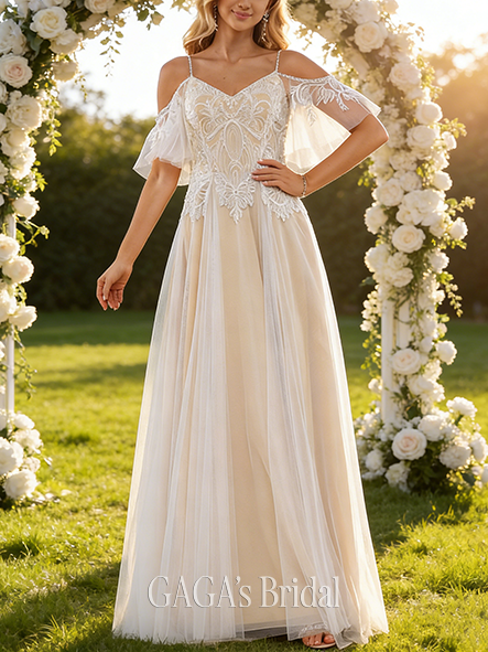 A-Line Elegant V-Neck Wedding Dress - Floor-Length Lace Tulle with Sequin, Beading & Ruffle Detailing