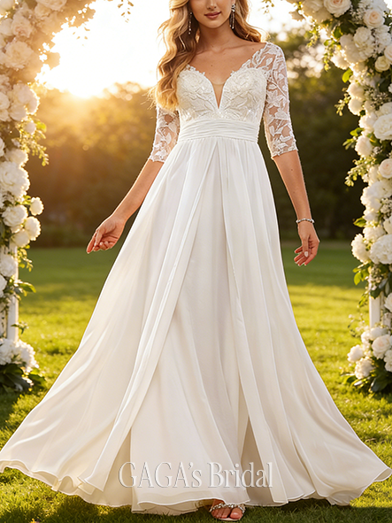 A-Line Elegant V-Neck Wedding Dress - Floor-Length Lace Chiffon with Sequin & Ruffle Detailing