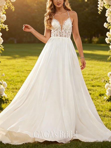 A-Line V-Neck Sweep Train Chiffon Lace Wedding Dress With Beading Sequins