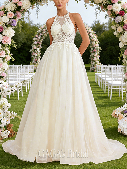 Halter Neck A-Line Wedding Dress with Beading and Sequins