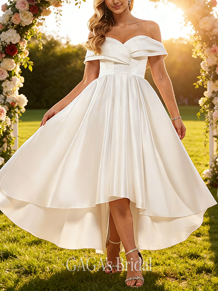 A-Line Elegant Off-the-Shoulder Wedding Dress - Floor-Length Asymmetrical Satin Bridal Gown