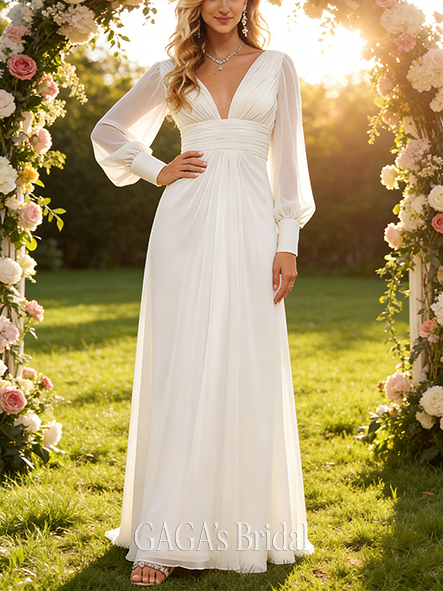 A-Line Elegant V-Neck Wedding Dress - Floor-Length Chiffon with Ruffle Detailing
