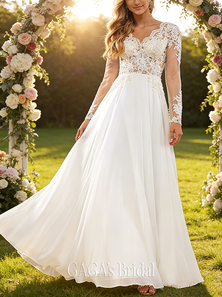 A-Line Elegant V-Neck Wedding Dress - Floor-Length Lace Chiffon with Sequin Detailing