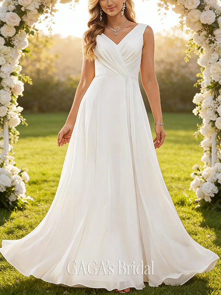 A-Line Elegant V-Neck Wedding Dress - Floor-Length Lace Chiffon Bridal Gown