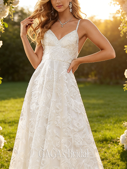 A-Line Elegant V-Neck Floor-Length Lace Wedding Dress Bridal Gown