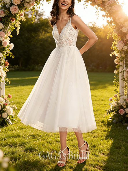 A-Line Elegant V-Neck Tea-Length Tulle Lace Bridal Wedding Dress