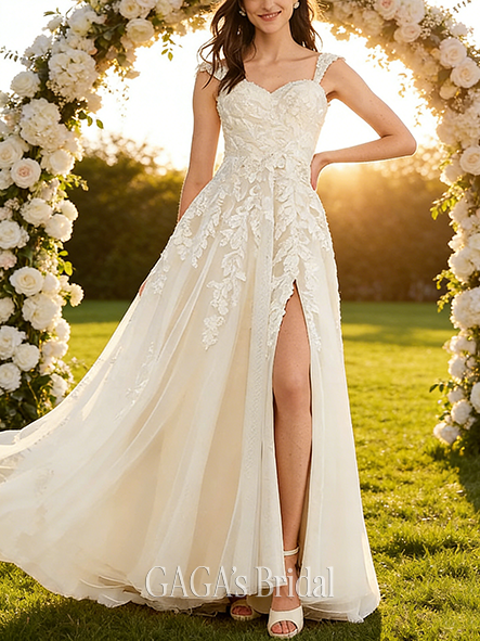 A-Line Elegant Off-the-Shoulder Sweep Train Tulle Lace Sequin Bridal Wedding Dress