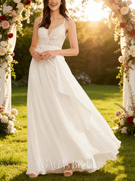 A-Line Elegant V-Neck Floor-Length Lace Chiffon Sequin Bridal Wedding Dress