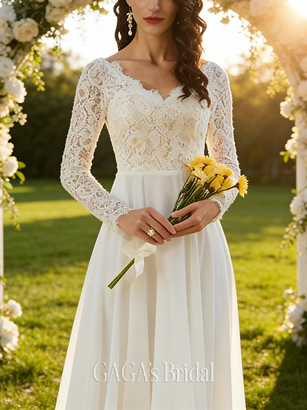 A-Line Elegant V-Neck Floor-Length Lace Chiffon Bridal Wedding Dress