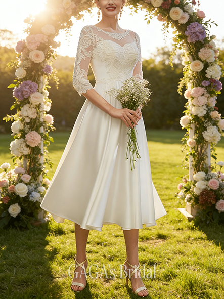 A-Line Elegant Illusion Tea-Length Satin Lace Bridal Wedding Dress