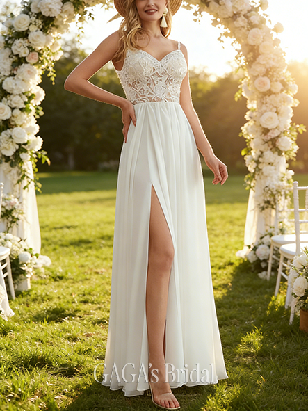 A-Line Elegant V-Neck Floor-Length Chiffon Lace Beaded Bridal Wedding Dress