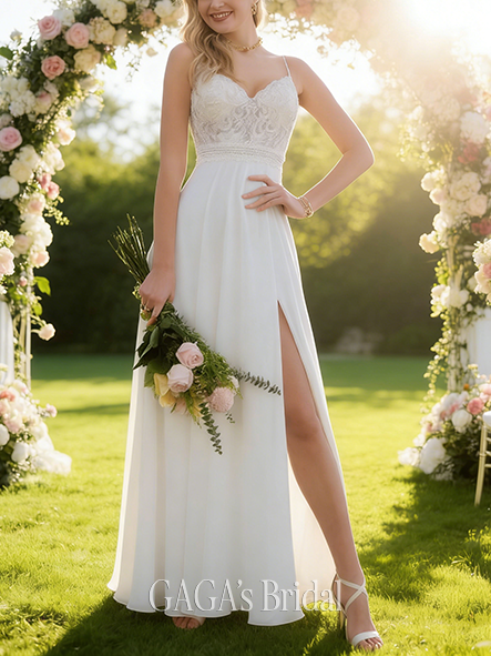A-Line Elegant V-Neck Floor-Length Lace Chiffon Bridal Wedding Dress