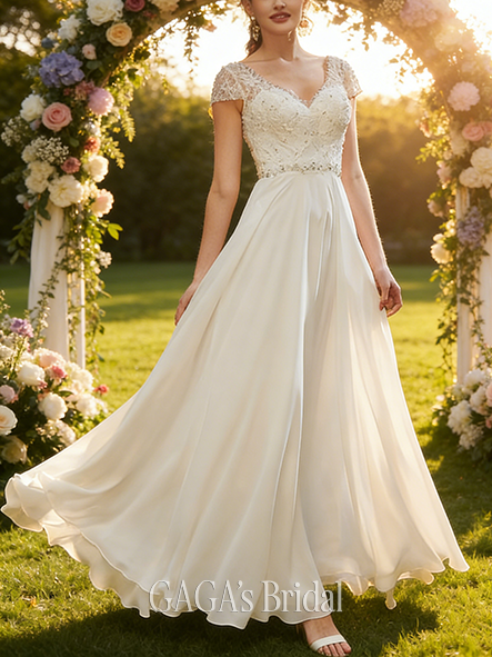 A-Line Elegant V-Neck Floor-Length Chiffon Lace Sequin Beaded Bridal Wedding Dress